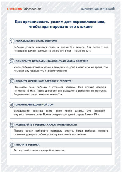 Памятка, как организовать режим дня первоклассника, чтобы адаптировать его к школе